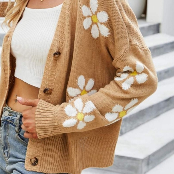 Retro Knit Daisy Flower Classic Button Front Long Sleeve Cardigan Fun 70s Floral - Picture 3 of 11